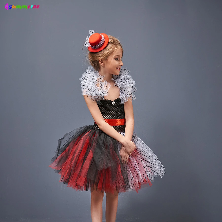 Girls Cruella De Vil Cosplay Dresses with Headwear Children Halloween Dalmatian Spots Tutu Dress Fancy Evil Dog Lady Costume