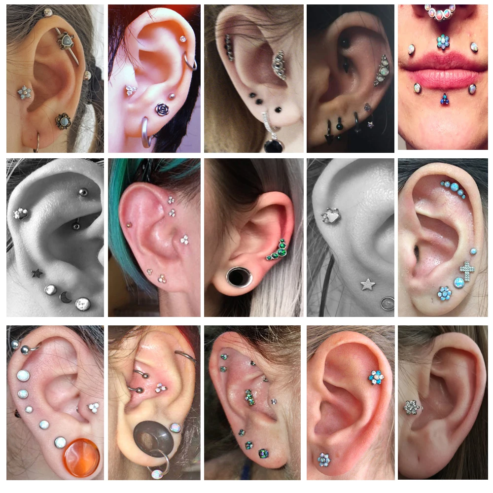 G23 Titanium&Steel bar Opal Ear Tragus Helix Cartilage Crystal Earring Stud CZ Gem  Labret Monore Lip Stud Ring Piercing Jewelry