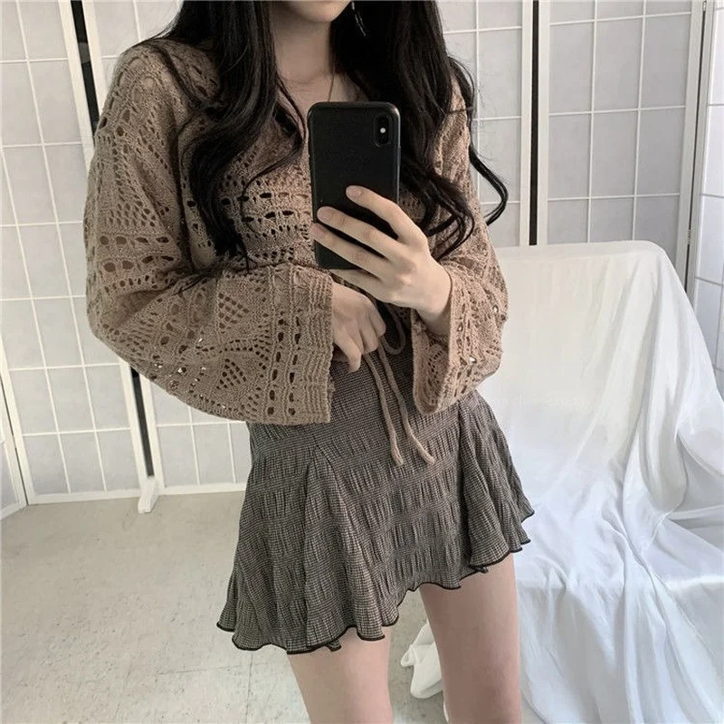 Pullover Women Hollow Out Korean Simple Fashion Casual Spring Feminine Chic Student Tender Slim Soft Streetwear Crops Knitwear