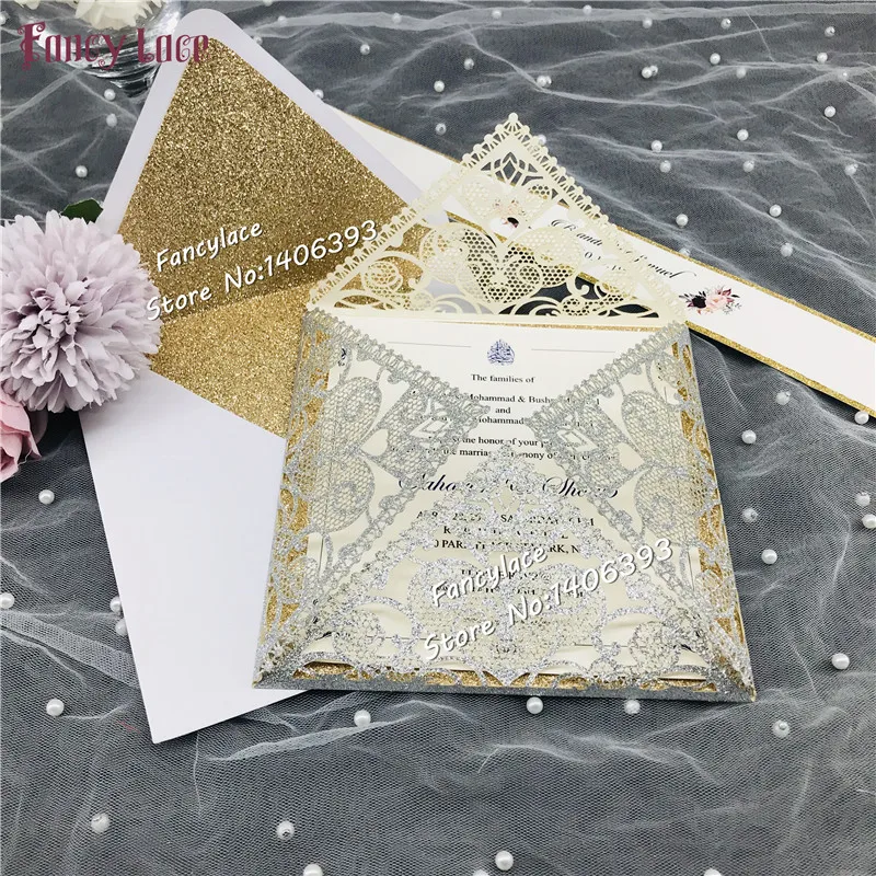 

50pcs New 2019 Glitter Love Design wedding invitation set envelope belly band Four-fold pocket invites wedding decoration supply