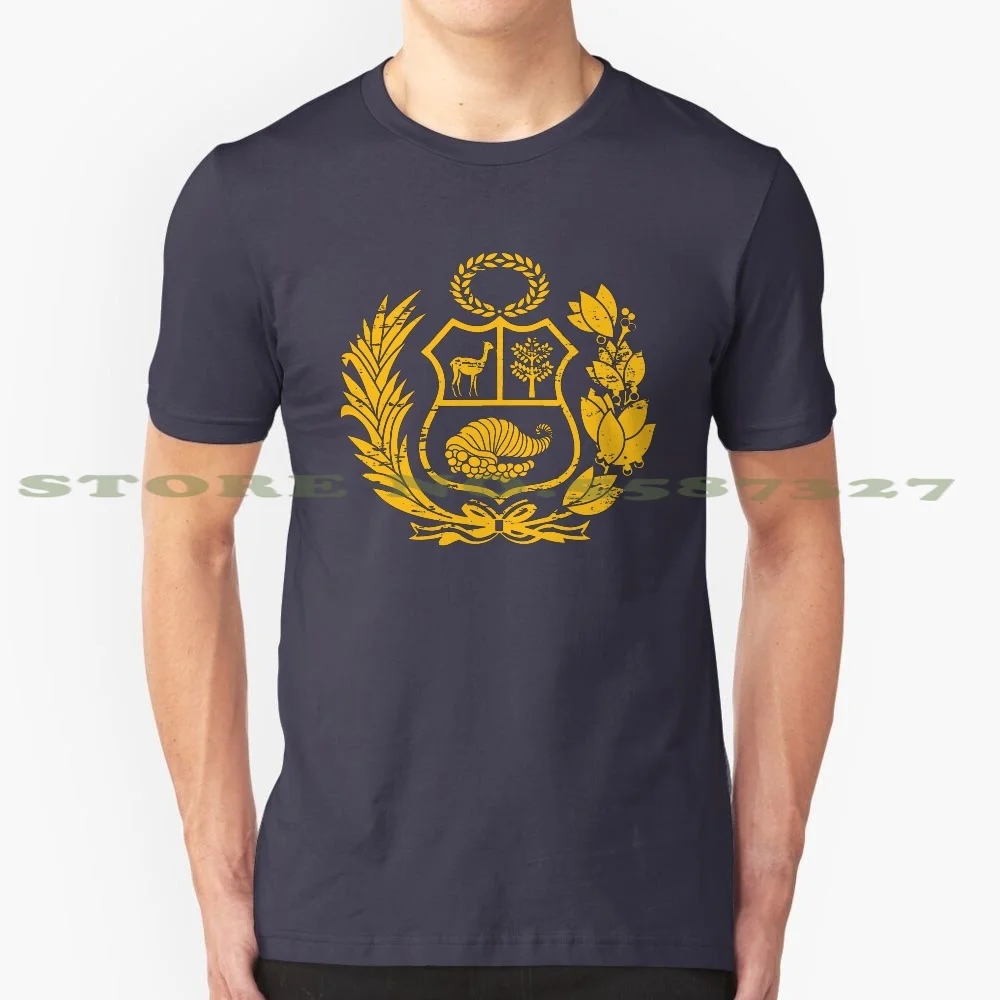 Peru T - Shirt Peruvian Coat Of Arms Gold 100% Cotton T-Shirt Peru Escudo Soccer Machu Picchu Peruvian Wonder World Father Dad