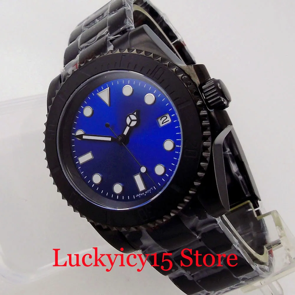 

Tandorio Blue Sunburst SUB Black PVD NH35A 40mm Selfwinding Men Watch Black Hand Date Solid Back Steel Bracelet