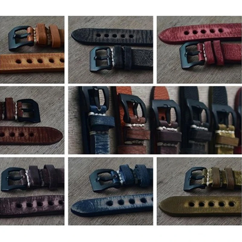 Handmade Cow Leather Watch Strap 18mm 20mm 22mm 24mm Vintage Watch Band Replacement Wristband Handmade Stitching Watchband