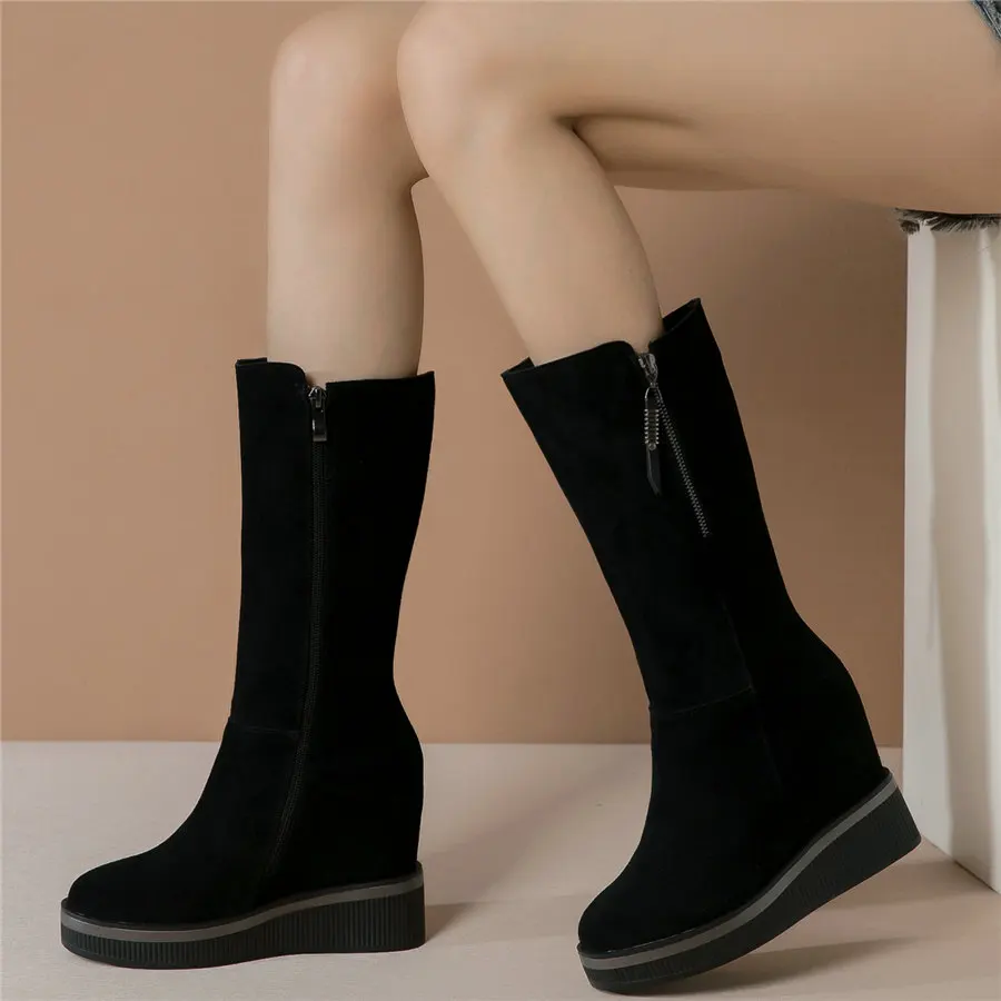 

Casual Shoes Women Genuine Leather High Heel Ankle Boots Female High Top Round Toe Fashion Sneakers Platform Wedges Pumps Shoes