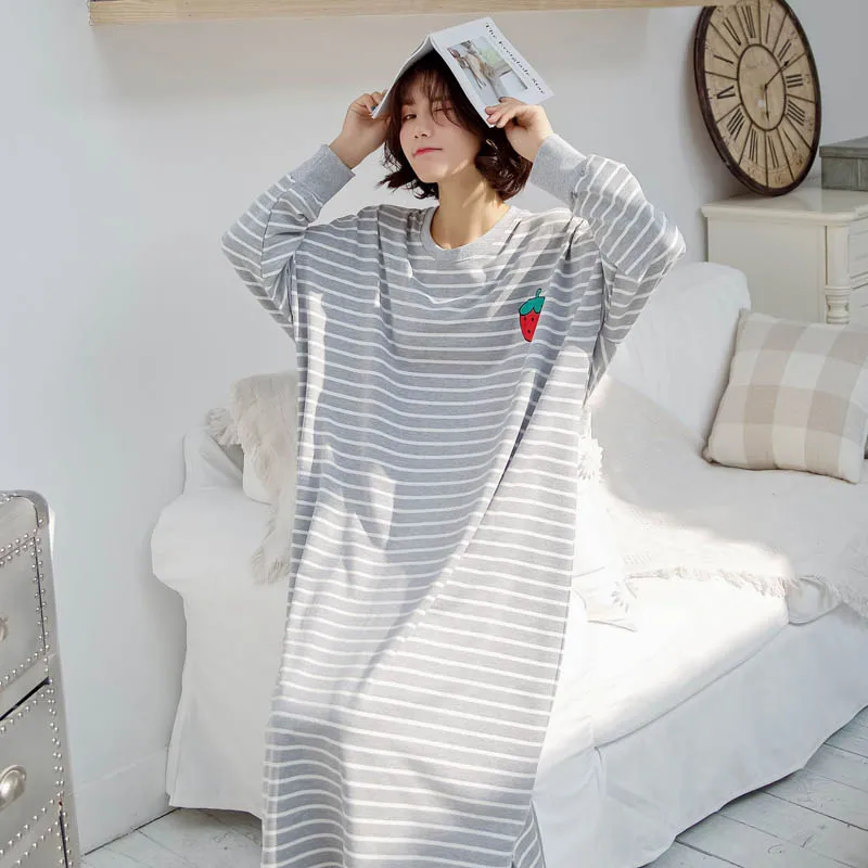 10XL 150Kg Plus size cotton night dress women bust 150cm long-sleeved striped o-neck sleepwear dress casual home dress 3 colors