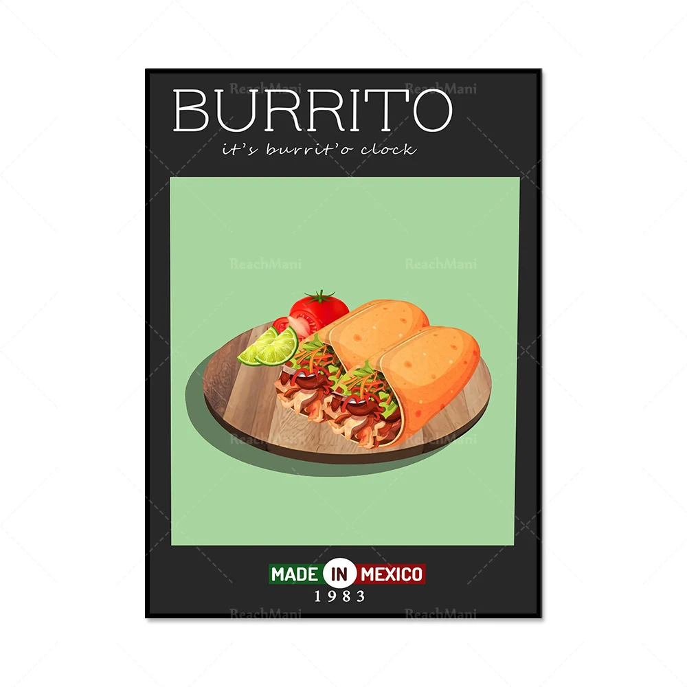 Póster tipográfico de comida mexicana: Tacos, Hamburguesas, Ramen, Risotto, Sushi, Nasi Lemak, Pizza, Burritos, Ratatouille Francesa, Decoración de Cocina