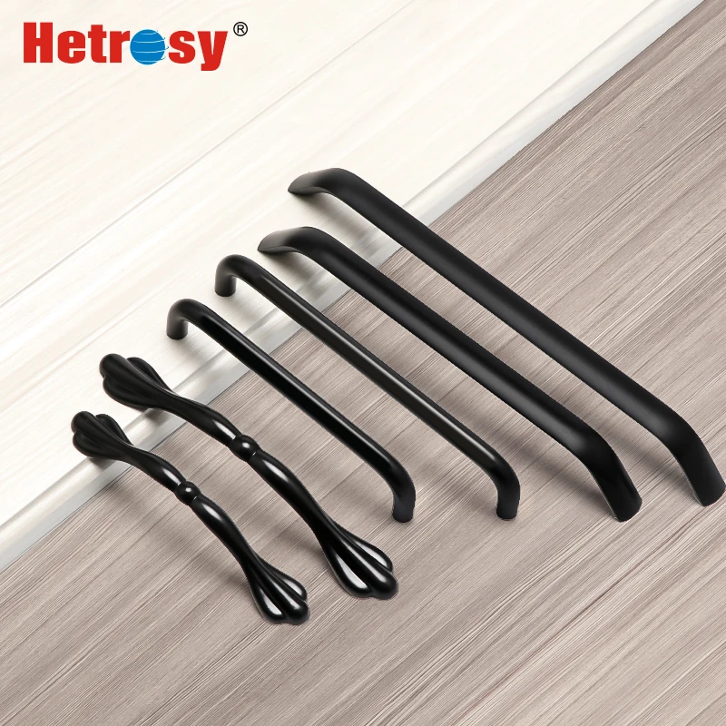 Hetrosy Hardware Aluminium Kitchen Cabinet Door handle Black Door Knobs Funiture Hardware