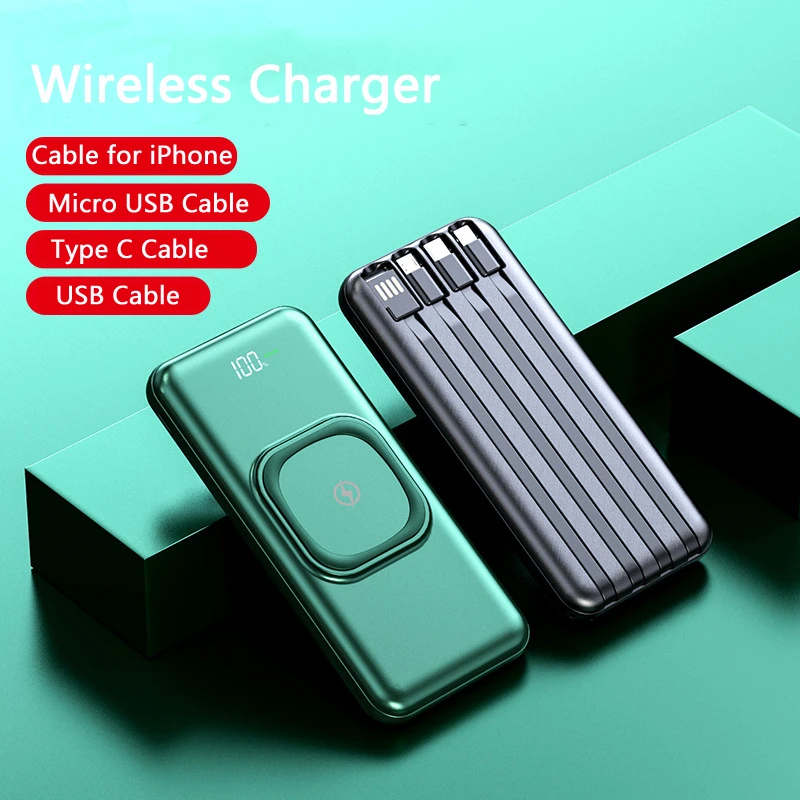 

Qi Wireless Charger 20000mAh Power Bank Built in Cable 10000mAh Powerbank Fast Charge for iPhone 15 Samsung S20 Xiaomi Battery