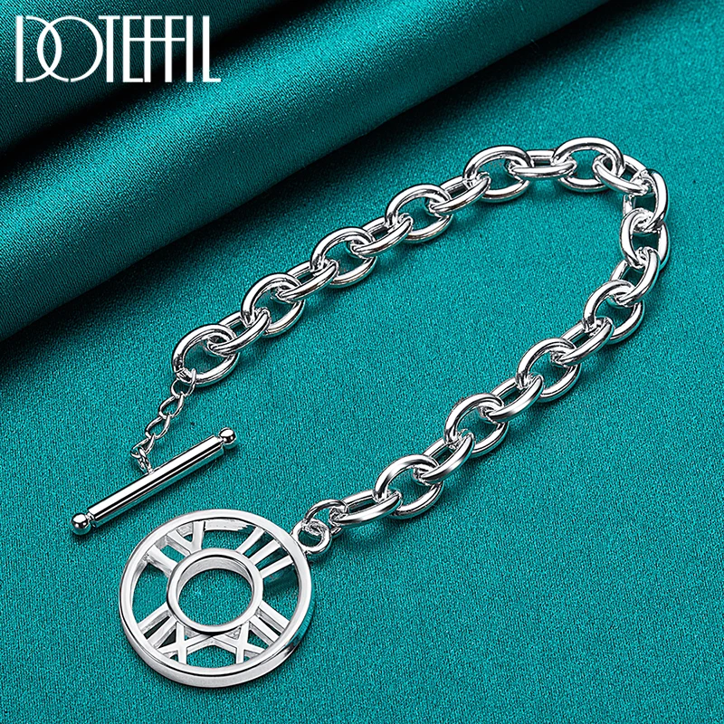 DOTEFFIL 925 Sterling Silver Round Roman Numeral Pendant Bracelet Chain For Woman Man Charm Wedding Engagement Jewelry