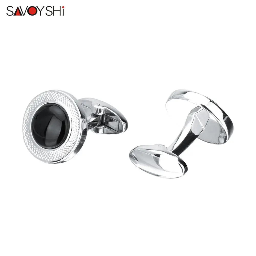 SAVOYSHI Luxury Black Stone Cufflinks for Mens High Quality Silver color Round Carving Pattern Cuff link Gift Brand Men Jewelry