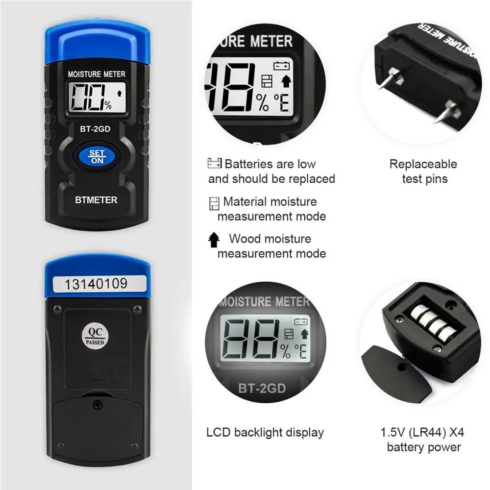 Imagem -03 - Medidor Digital de Umidade Detector de Vazamento de Água tipo Pino Testador de Nível de Umidade com Luz Lcd Traseira Testador de Umidade e Conteúdo de Umidade