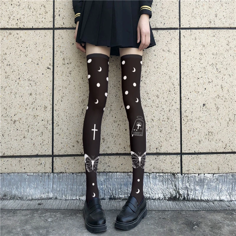 Senhoras preto sobre o joelho alto tubo meias japonesas lolita cosplay borboleta aranha bonito feminino estudante de seda meias longas
