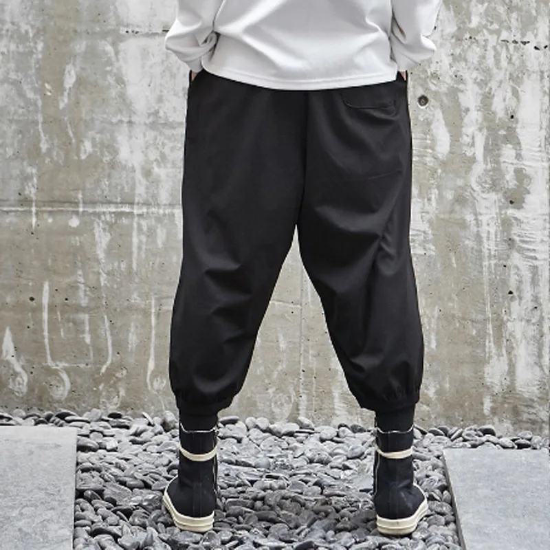 Men's trousers summer relaxed fold nine minutes pants small foot pants men's casual harem pants large size sports pants black