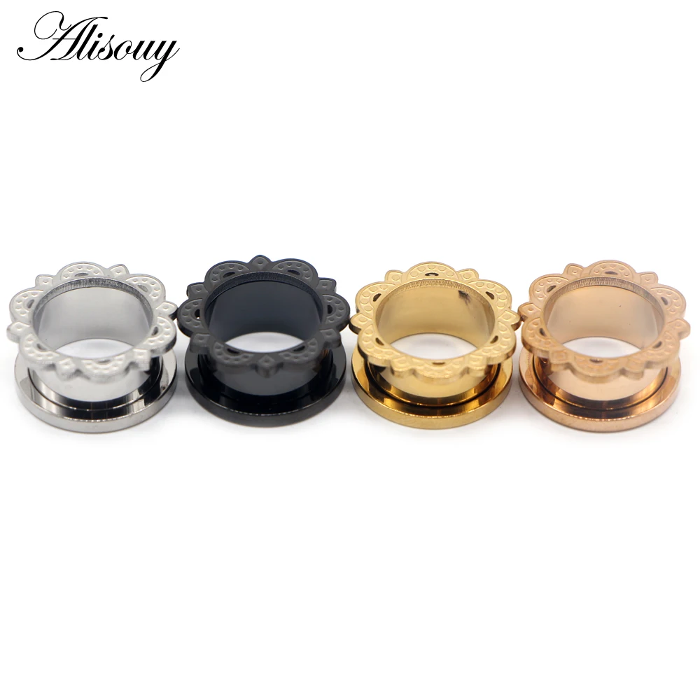 Alisouy 2pcs Stainless Steel Ear Gauges Plugs Flower Lace Ear Flesh Tunnel Expanders Stretchers Earring Piercing Body Jewelry