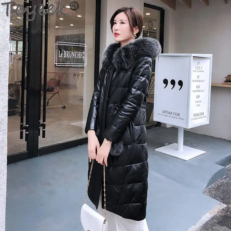 Natural Women's Winter Sheepskin Coat Female Real Fox Fur Hooded Genuine Leather Jacket Women Clothes 2021 Long Coats 009