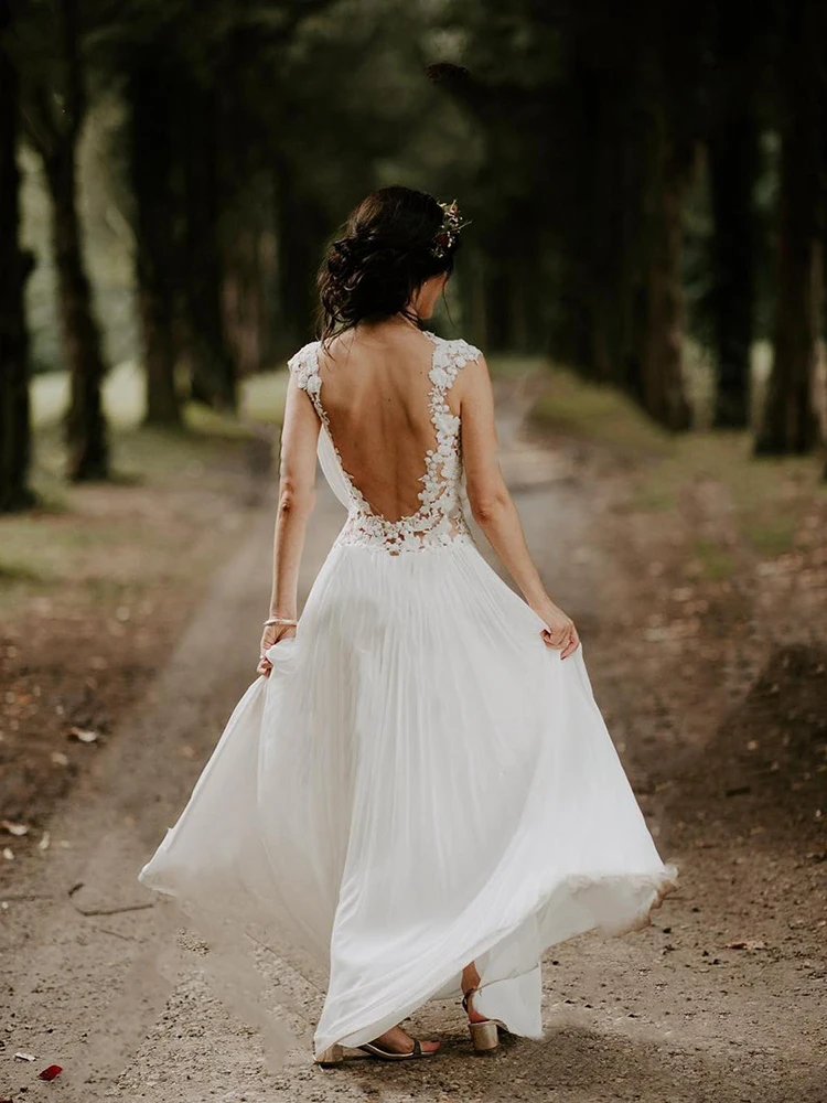 Vestido de novia plisado de gasa con apliques, estilo bohemio campestre, con ilusión de línea A, Espalda descubierta, tul, largo hasta el suelo