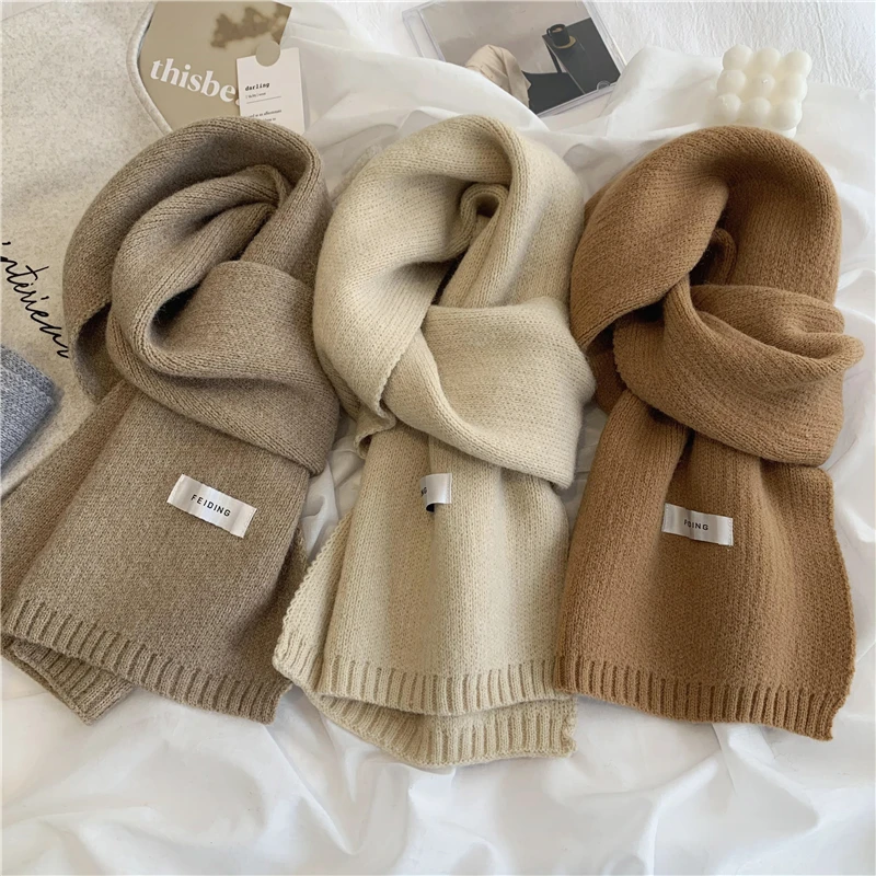 Luna&Dolphin Women Autumn Winter Solid Color Scarf Slim Neckerchief Soft Brown White Warm Knitted Woolen Ins Neck Pashmina Shawl