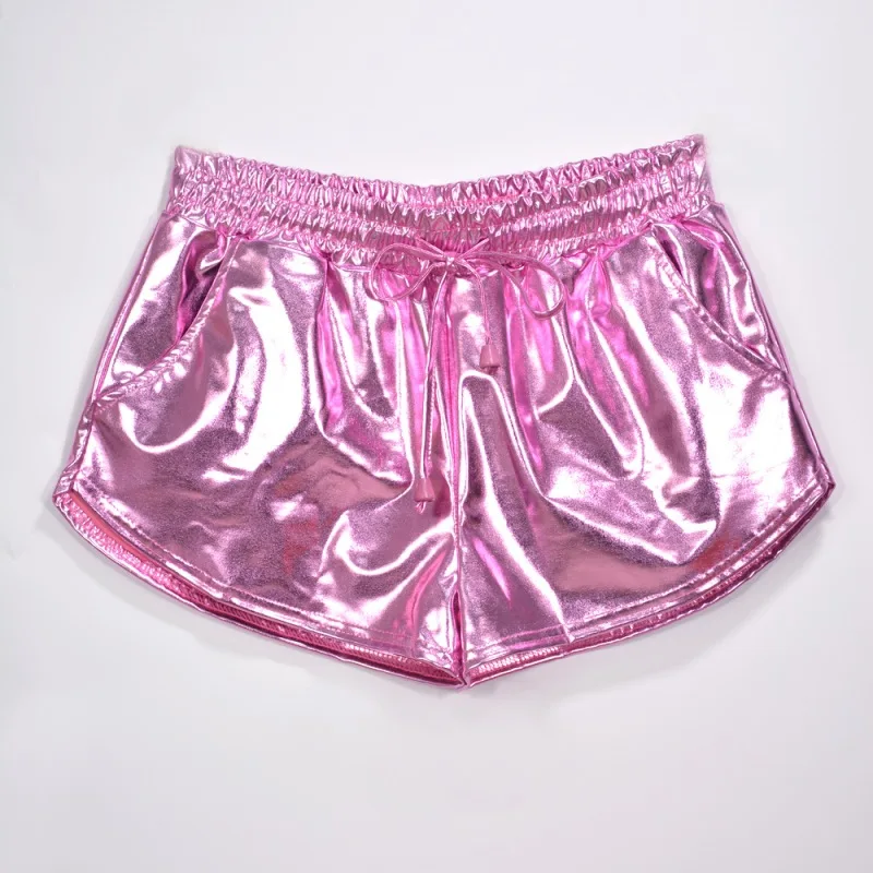 Women's Shiny Metallic Hot Shorts, Holographic Wet Look, Casual Elastic Drawstring, Festival Rave Booty Shorts, Summer