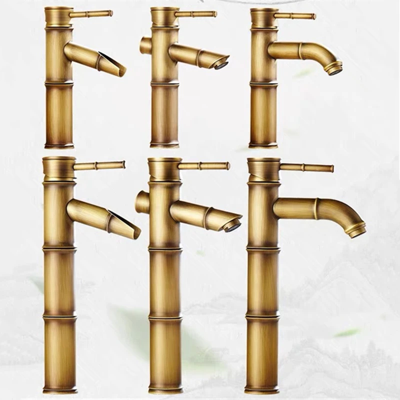 Antique Copper Single Hole Waterfall Basin Faucet Bamboo Joint Design Bathroom Mixer Taps for Cold Hot Water Kitchen Sink