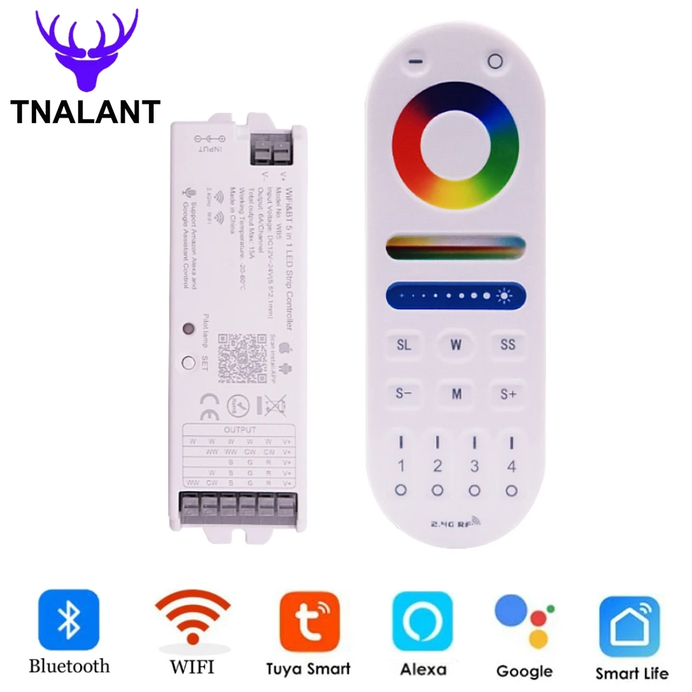 

WB5 WIFI Bluetooth 5 in 1 LED Strip Controller 5CH Support Tuya APP Alexa and Google Assistance Voice Control RGB+CCT Remote