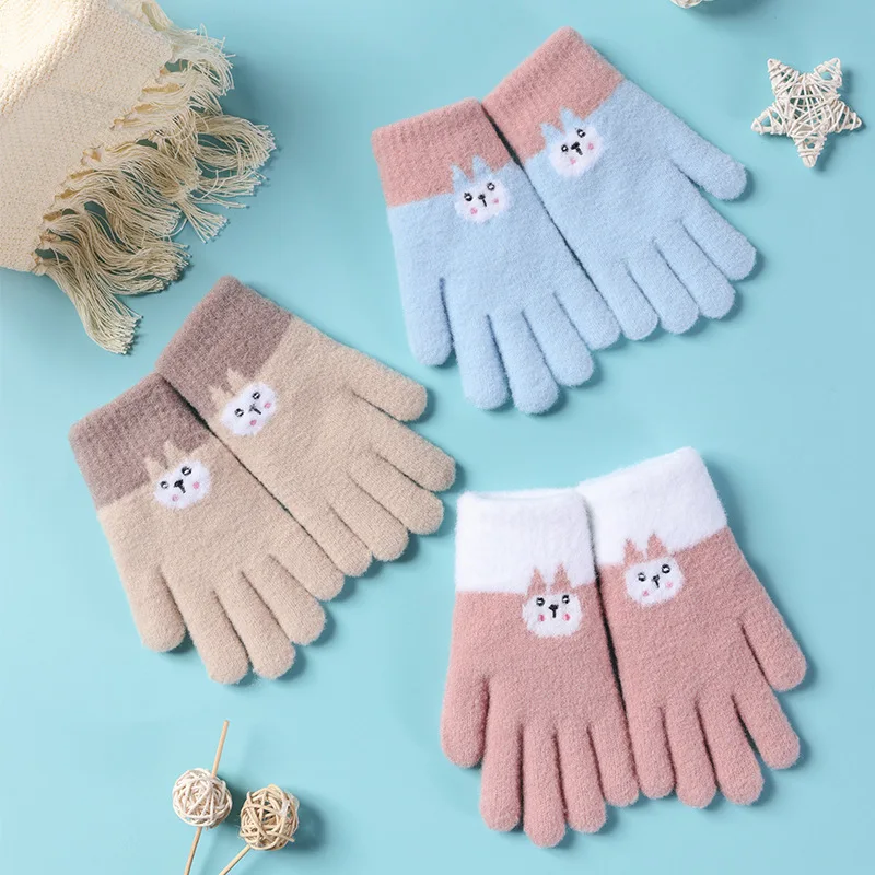 

14-18 Year Old Girl Student Cartoon Rabbit Glove Women Winter Plus Plush Thick Velvet Warm Stretch Knit Full Finger Mitten I92