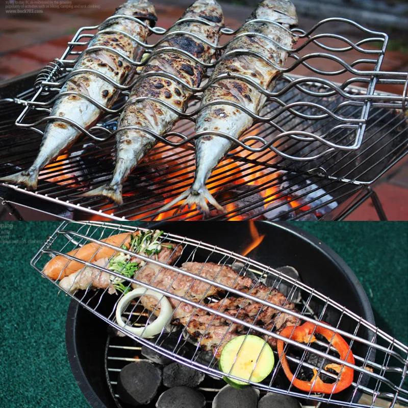 Outdoor Grill Accessories Grilled Fish Clamp BBQ Bake sausage Camping Products cooking bbq tools barbeque mat mesh metal net