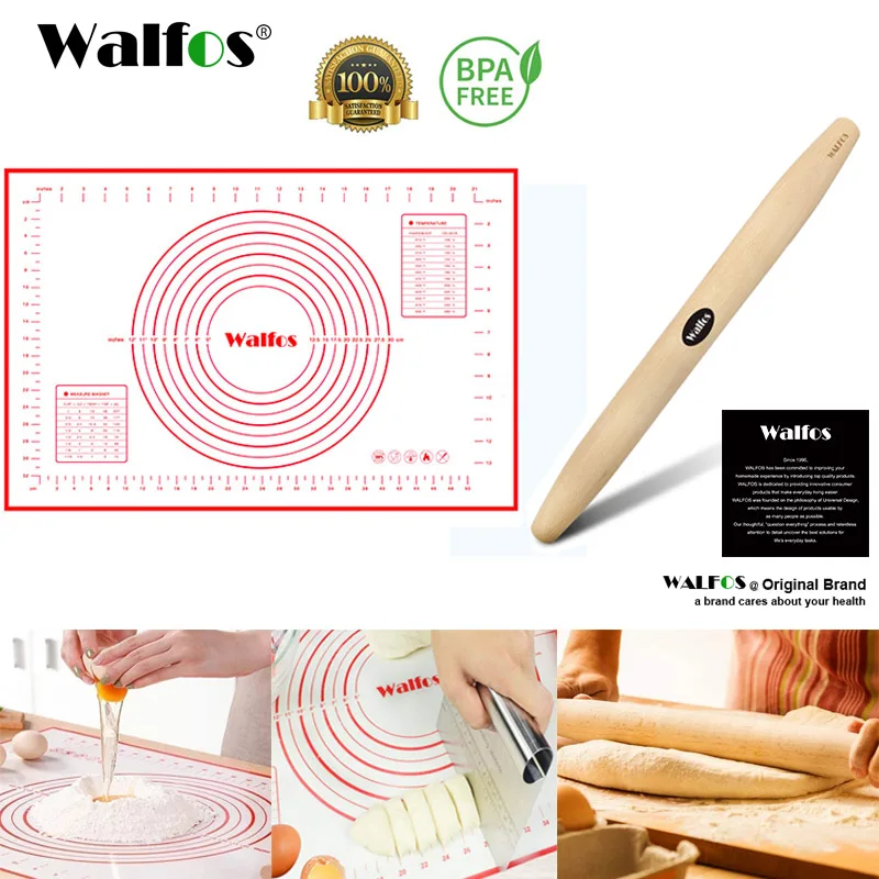 Walfos 40x60cm Non Stick Silicone Baking Mats Pad 20 Inch Wooden Rolling Pin Set Cake Baking Pastry Tools Kitchen Accessories