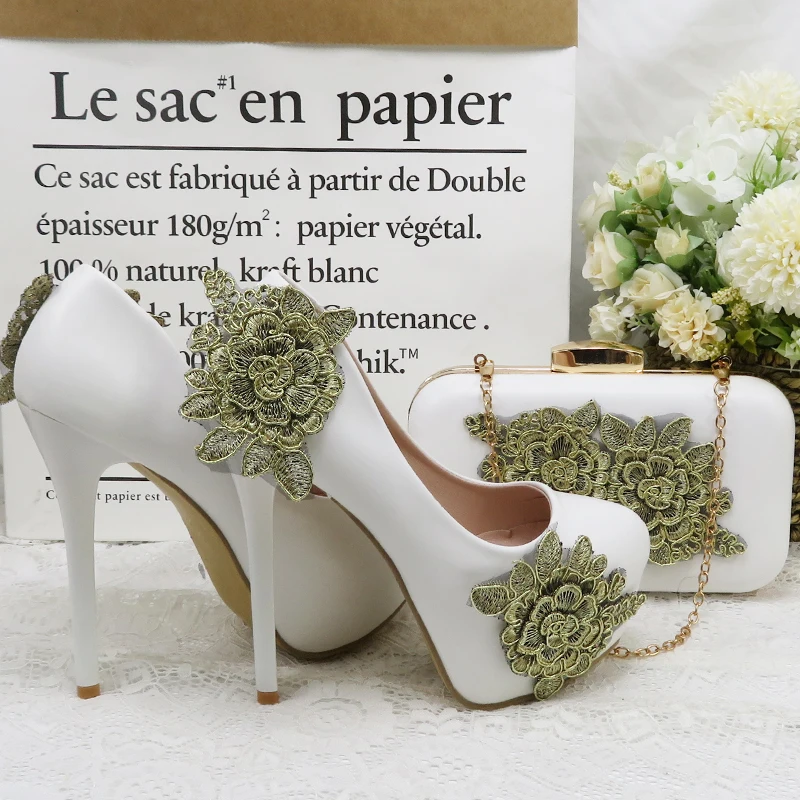 High Heels Summer Sandals Wedding Shoe Bride Round Toe Ankle Strap Ladies Party Pumps Woman big size shoe purse set White Shoe