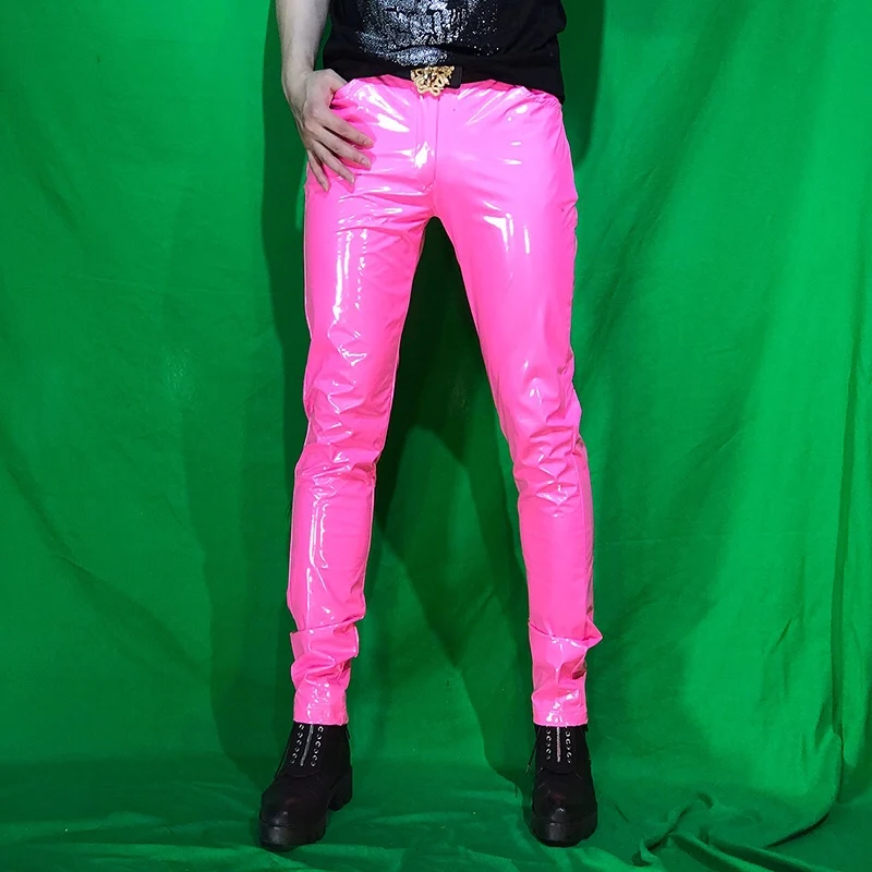 Fluorescent Green Stretch Skinny Men Motorcycle Leather Trousers Fashion Rock Hip Hop PU Pencil Pants Stage Wear Spring Autumn