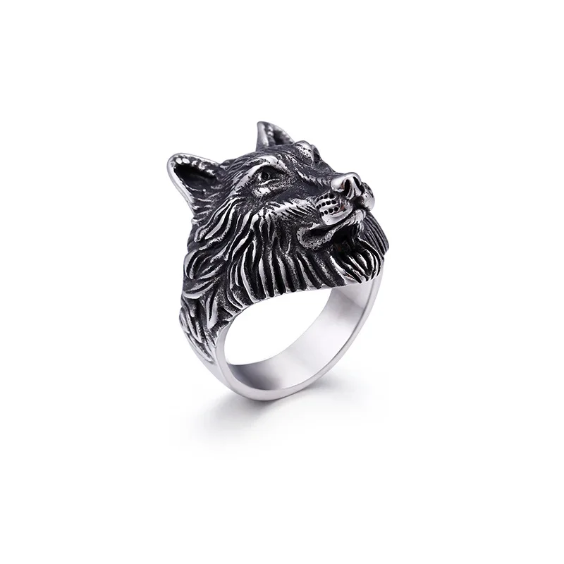 Vintage Handmade Stainless Steel Plated Gold Personality Domineering Men\'s Wolf Head Ring