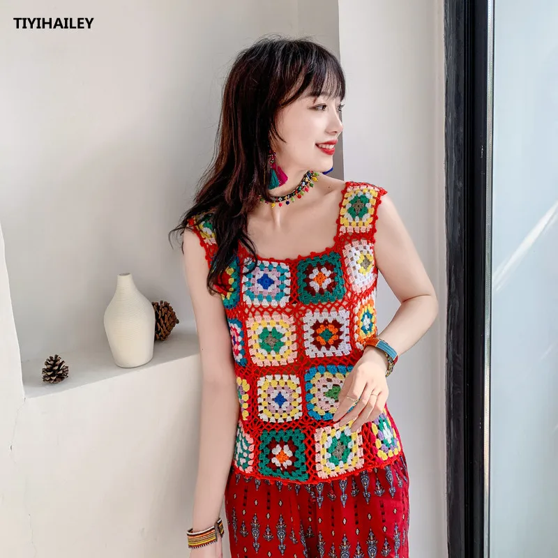 TIYIHAILEY Free Shipping 2021 New Fashion Sleeveless Spring And Autumn Vest Sweaters Tops Hand Made Knitted Crochet Colorful