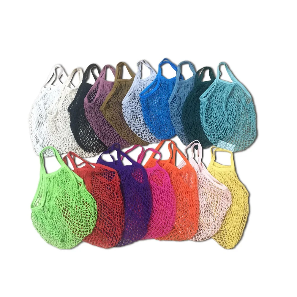 100pcs Shopping Bags Handbag Shopper Tote Mesh Net Woven Cotton Pouch String Reusable Fruit Storage Bag Vegetables Organizer