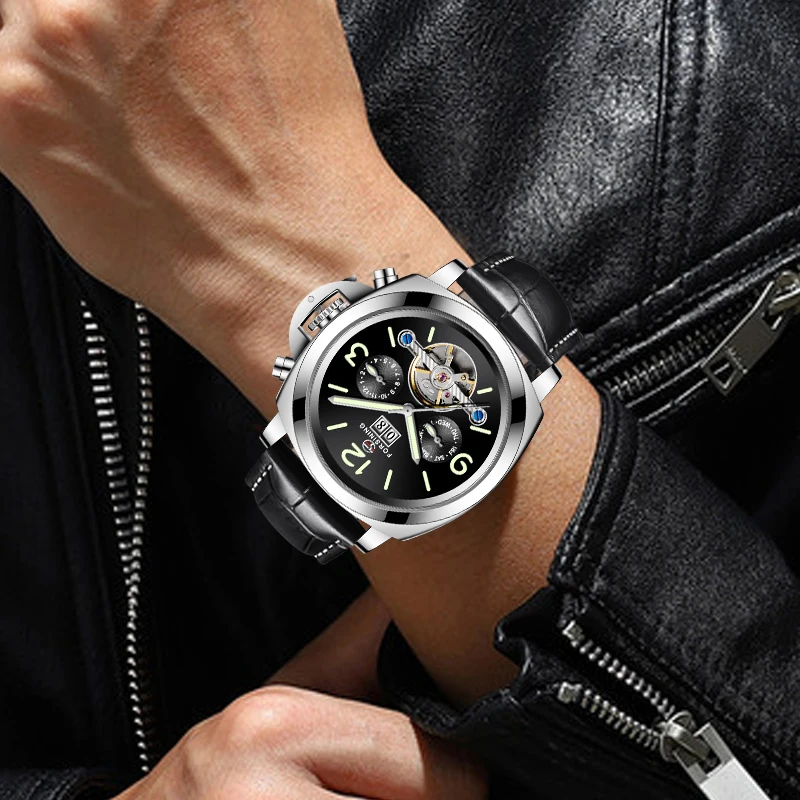 Forsining-relojes mecánicos para hombre, pulsera automática con correa de cuero genuino, calendario completo, Tourbillon, a la moda