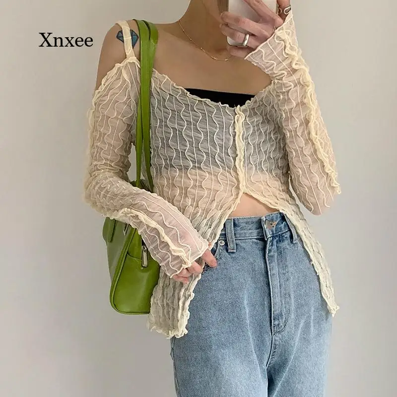 Knitted Off Shoulder Top Vintage Y2K Transparent Tshirt 90S Asymmetric Tee Korean Frill Top Women Streetwear Casual Tee Clothing