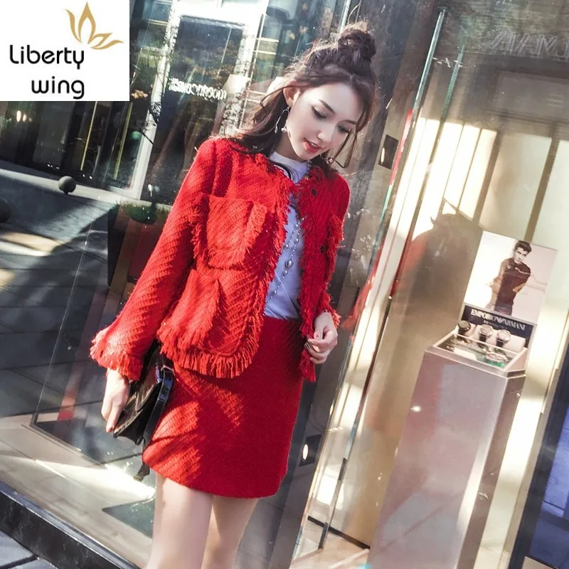 Luxury Autumn Winter Womens Red Set Tweed Tassel Jacket Mini Skirt 2 Pieces Sets Elegant Slim Office Lady Party Clothes Female