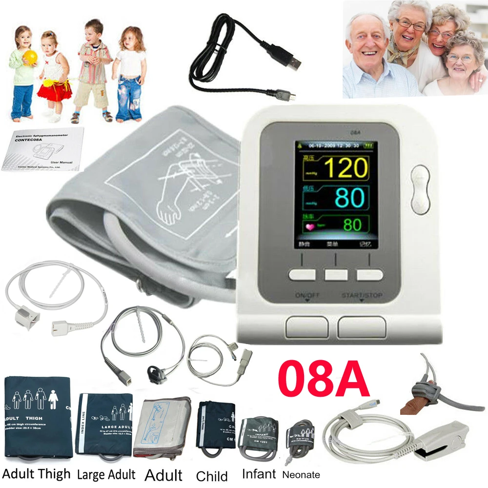 

CONTEC08A Digital Sphgmomanometer Portable Automatic Blood Pressure Monitor Upper Arm BP Machine 6PCS NIBP Cuff 3PC SPO2 Probe