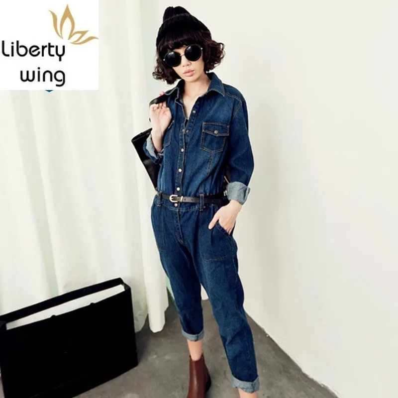 British Safari Style Spring Autumn Long Sleeve Womens Denim Jumpsuits Vintage Loose Full Length Pants Female Cargo Overalls