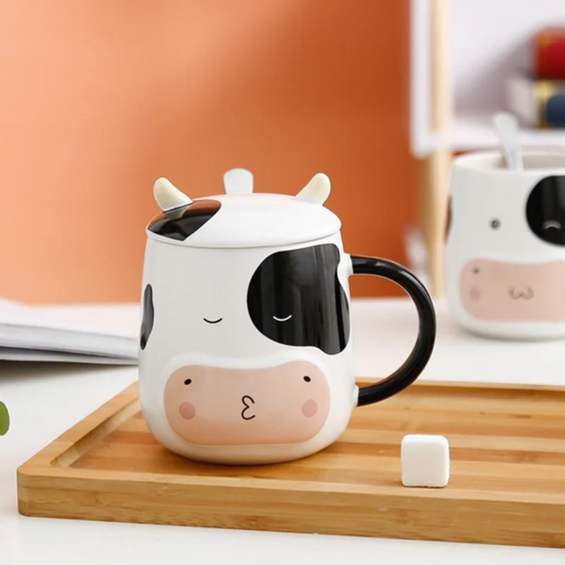 Cow Mug Porcelain Bottle with Lid Stainless Steel Spoon Relief Sculpture of Cute Animals Safe Cup Can Be Filled with Hot Water