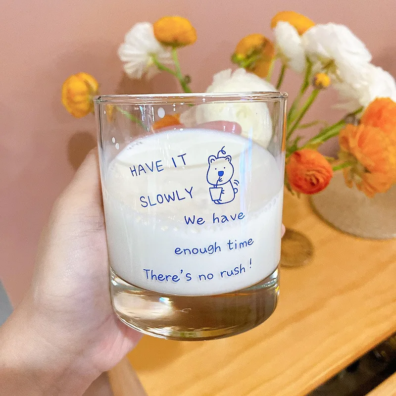 

300ML Ins Hand-painted Bear Tulip Glass Cup Household Heat-resistant Milk Breakfast Drinking Cups Milk Coffee Mousse Cup