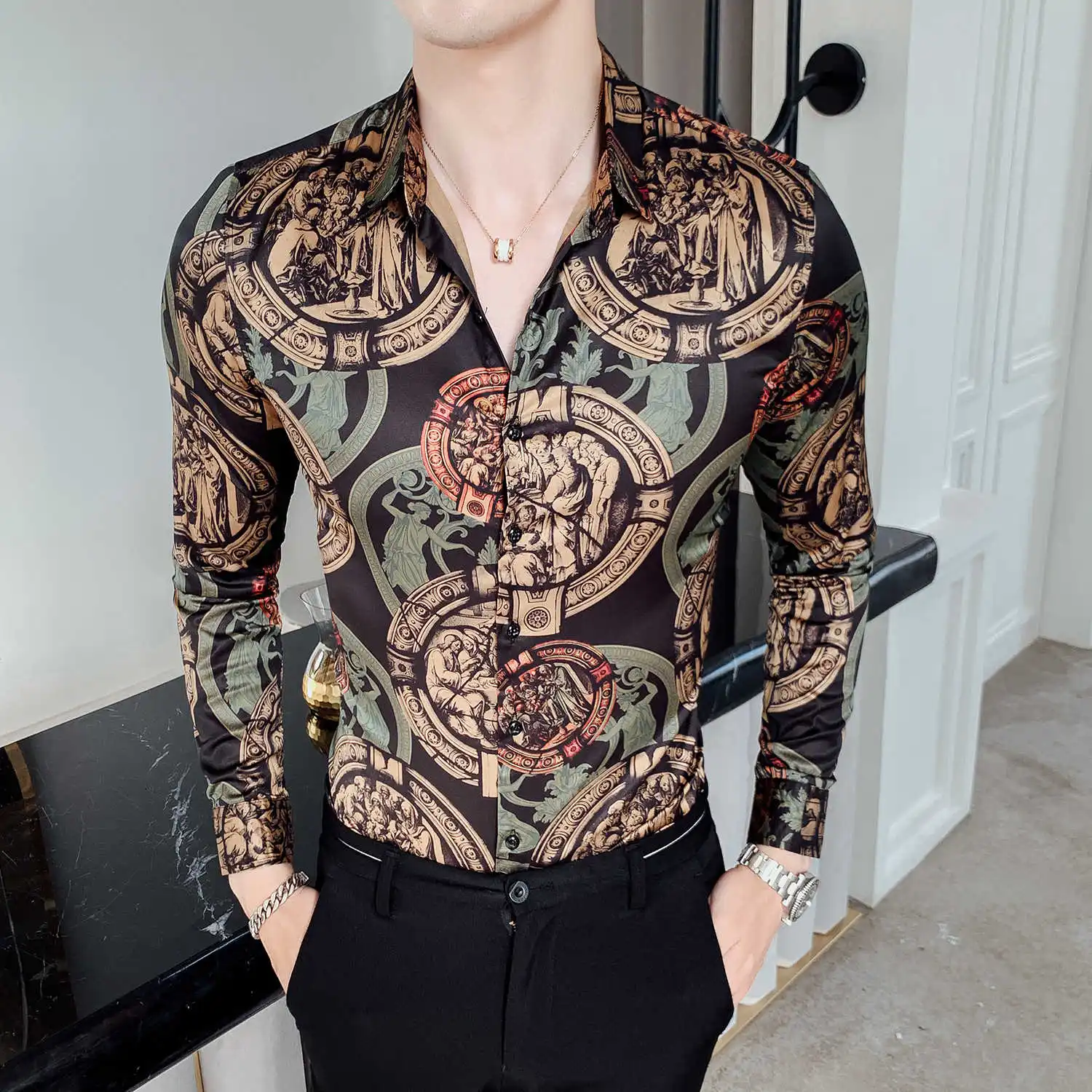 Social Casual Men's Shirts Long Sleeve Plus Size Night Club Party Shirt Men High Quality Men Shirt Korean Slim Fit Digital Print