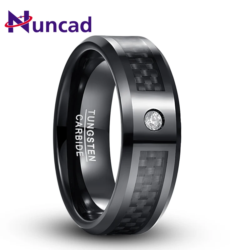 

Nuncad Black Carbon Fiber Oblique Angle Tungsten Steel Men Electroplated Polished Crystal Wedding Band Female Jewelry