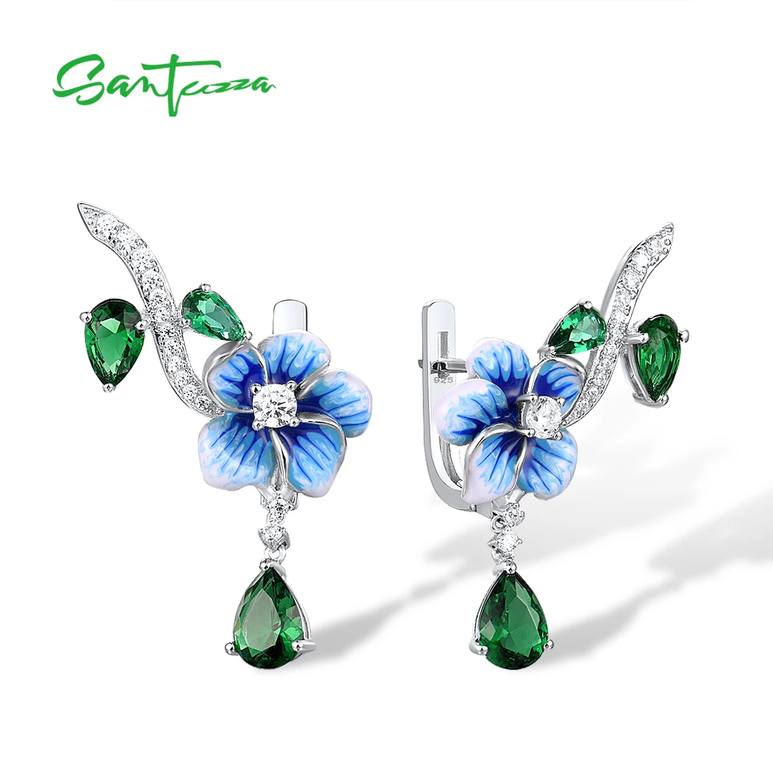 SANTUZZA 925 Sterling Silver Drop Earrings For Women Sparkling Green Stones White CZ Blue Flower Enamel Fine Jewelry Handmade