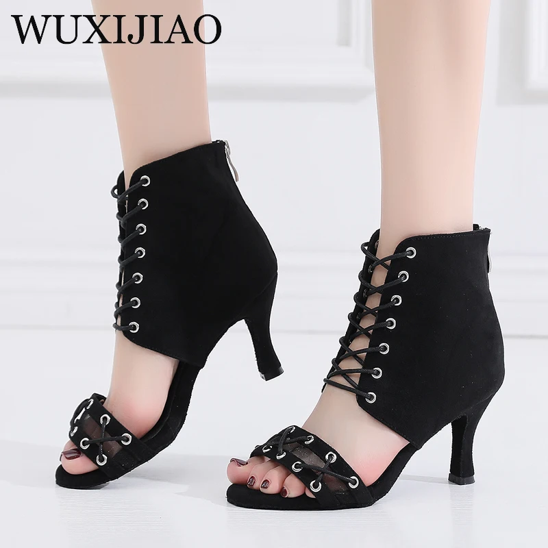 WUXIJIAO Latin dance shoes women's high heels black England boots comfortable salsa shoes salsa party shoes with zipper back