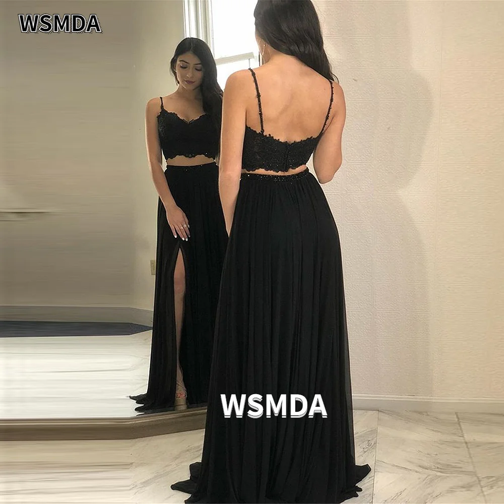 Laço chiffon duas peças vestido de baile de formatura cintas de espaguete colheita topo dividir longo vestido de festa formal vestido de noite para meninas feito sob encomenda