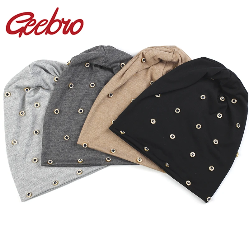 

Geebro Women Casual Winter Metal Ring Rhinestone Beanies hat For ladies Slouchy Cotton Ribbed Knit caps Skullies Girls Bonnet