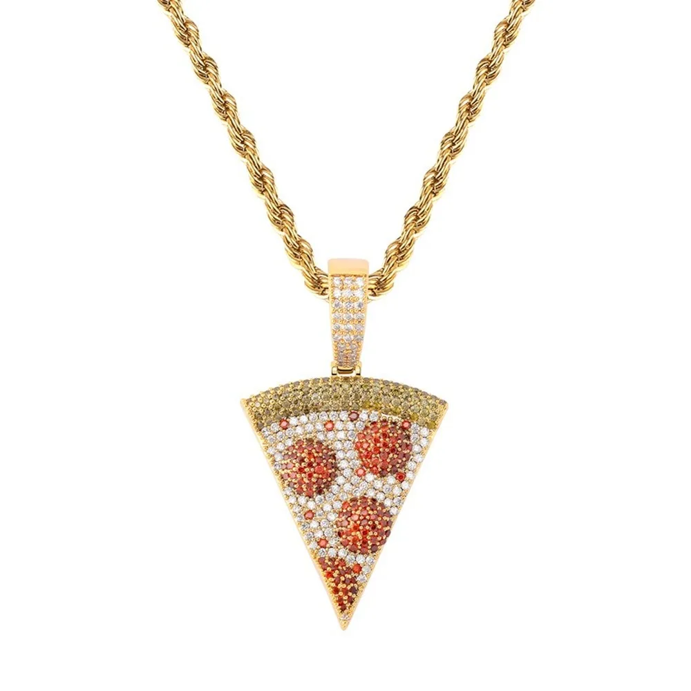 Iced Out Chain Pizza Pendant Necklace 18k Gold Plated Zirconia Brass Statement Necklace for Men Women Gift Hip Hop Jewelry