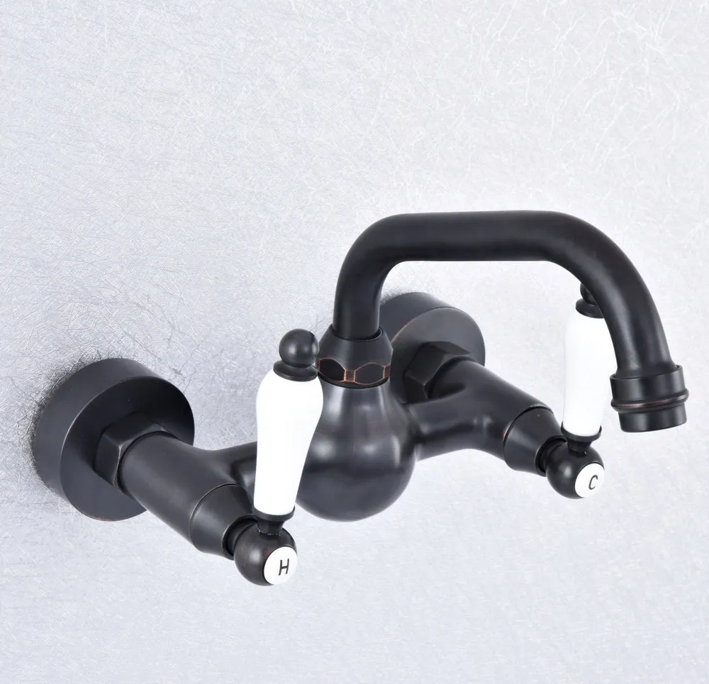 

Bathroom Black Bronze Faucet Wall Mounted Double Handle Swivel Spout Hot and Cold Mixer Faucet Nsf707