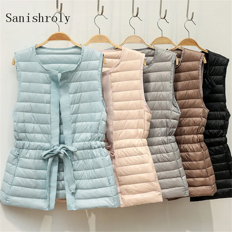 Sanishroly 2022 Autumn Winter Women Sleeveless Waistcoat Ultra Light White Duck Down Vest Coat Female Tie Bow Puffer Jacket Tops