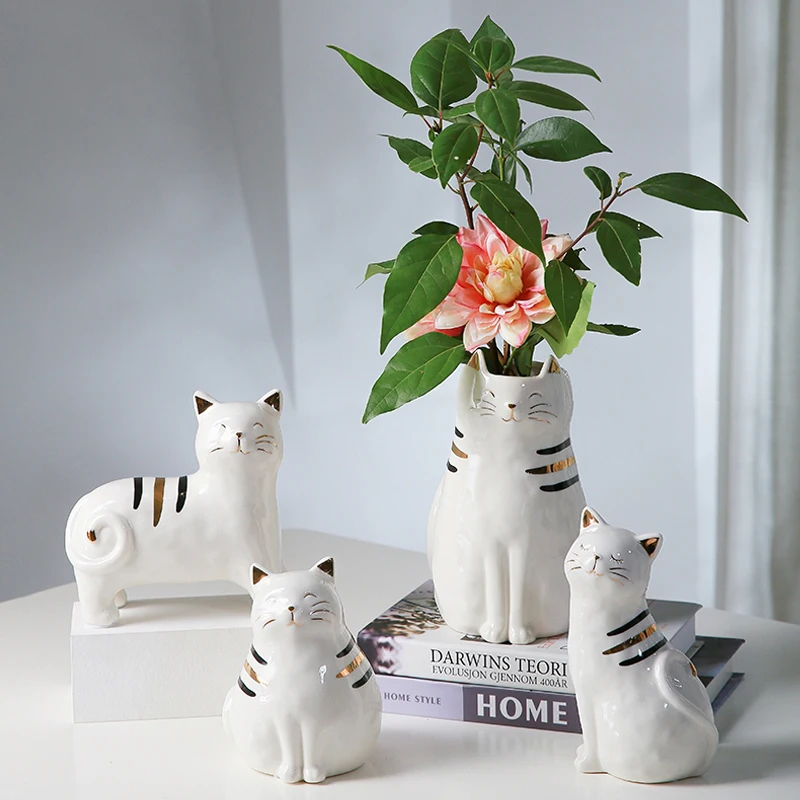 

Creative Cat Home Accessories Decoration Ceramic Living Room Key Storage Flower Arrangement TV Cabinet Ceramic Vase Decoration