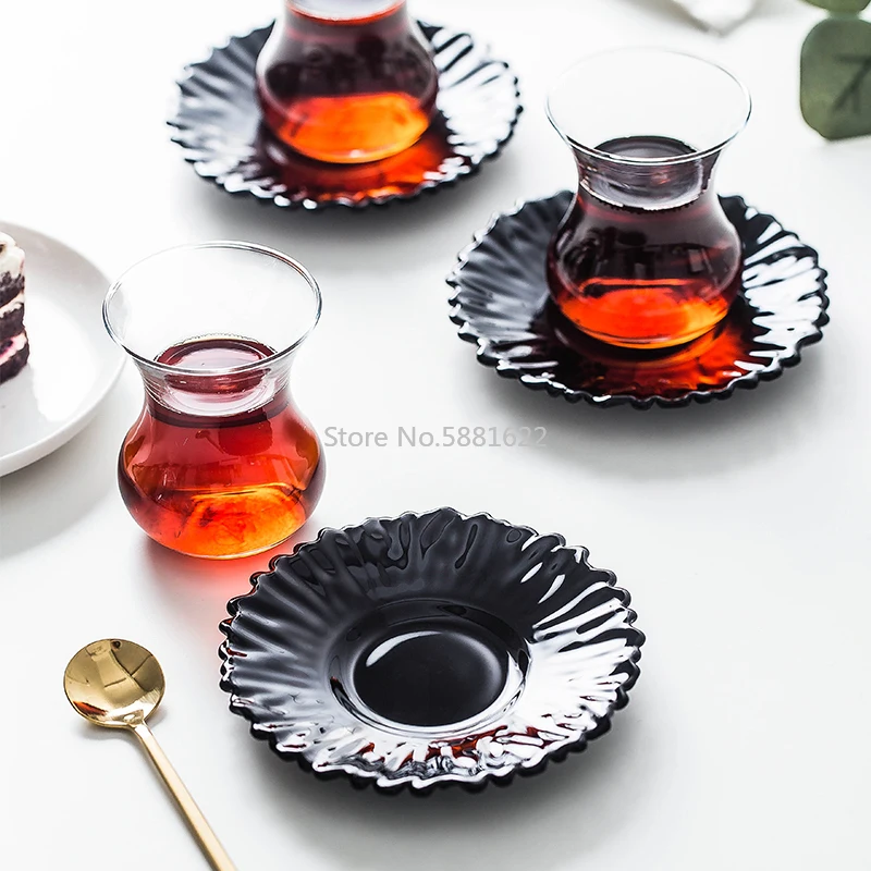 Nordic Light Luxury Turkey Black Tea Mug Tray Kit Cheap Cafe Glass Teacup Espresso Coffee Cup Saucer Set Tumbler